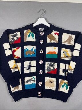 Vtg BONZ Australia Hand Knit Wool Cardigan Sweater Australiana Koala Kangaroo